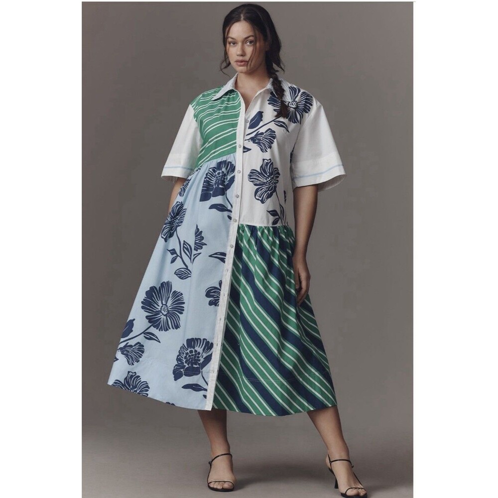 Anthropologie Maeve Mixed Print Button down Dress Sz XXS Blue